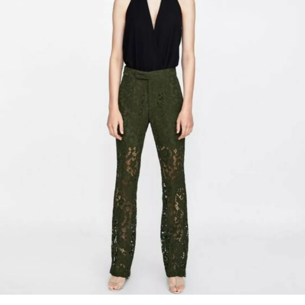 NWT ZARA GREEN LACE FLARED PANTS SOLD OUT🔥🔥
